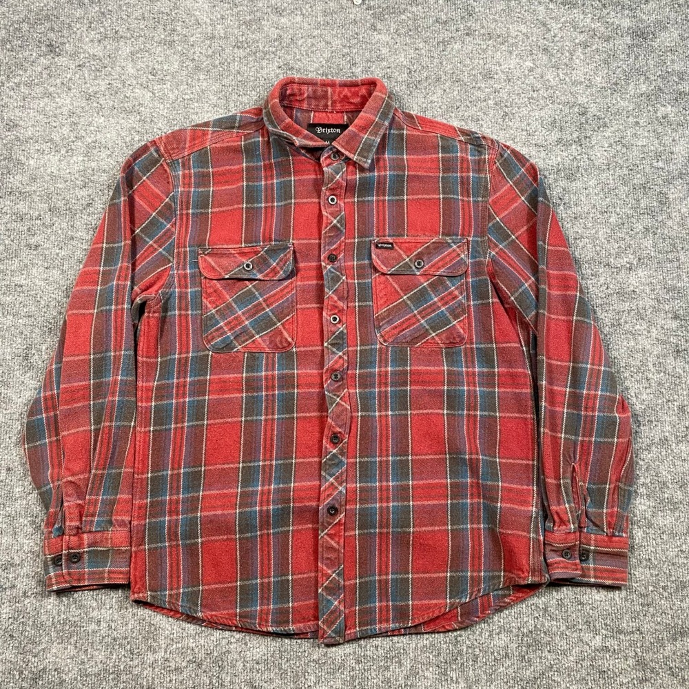 Brixton Mens Bowery Plaid Flannel Shirt Red Blue Long Sleeve Cotton Size Medium